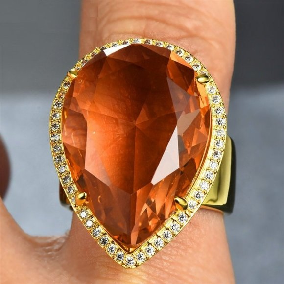 32mm Pear Cut Orange Champagne Water Drop Gold Ring - Picture 2 of 10